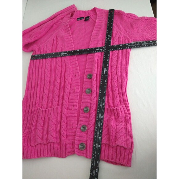 VTG Moda Intl Sweater size Med PINK Med Cable Fisherman Cardigan chore pockets - Picture 5 of 13